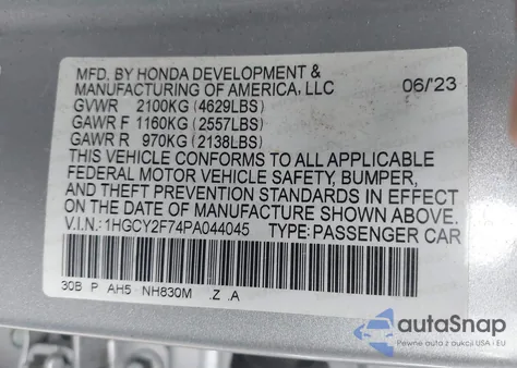 2023 Honda Accord Hybrid Sport-L from USA, damaged, VIN 1HGCY2F74PA044045